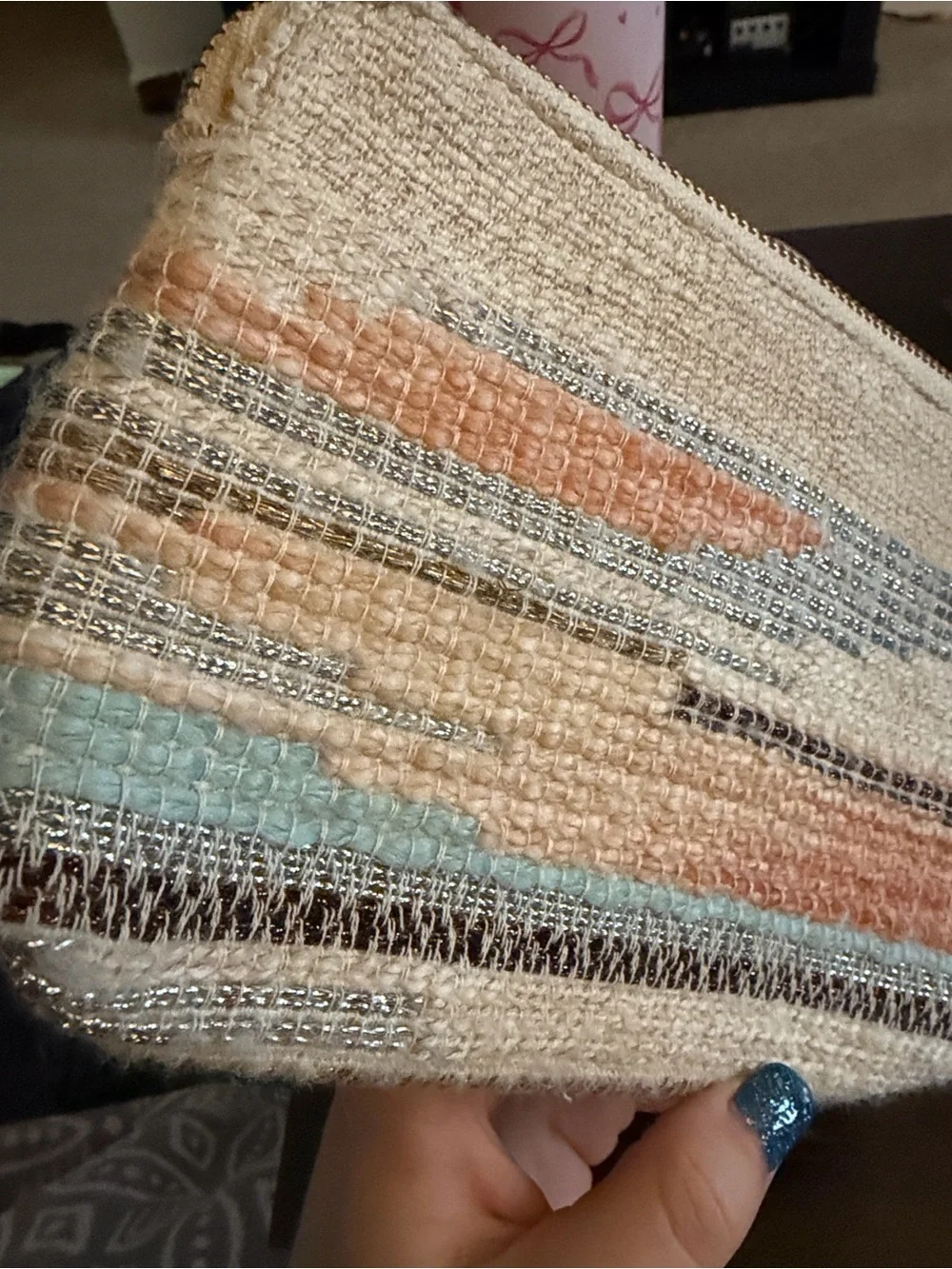 Anthropologie Woven Stripe Zip Pouch in Cream and Neutral Stripes